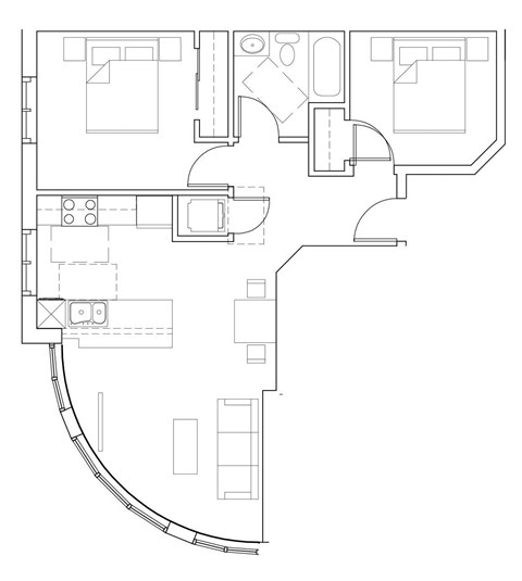 Floor plan for 1 bed, 1 bath, 722 sqft